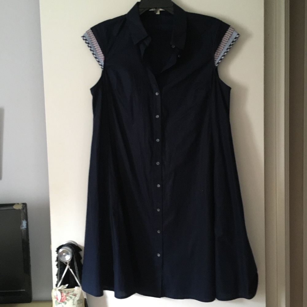 RHIE Navy Blue Cotton Poplin Dress Multicolor Layered Shoulder 8 M/L